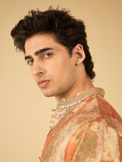Rust Floral Print Jacquard Kurta for Men with Gold Lace Collar
