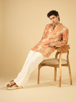 Rust Floral Print Jacquard Kurta for Men with Gold Lace Collar