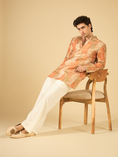 Rust Floral Print Jacquard Kurta for Men with Gold Lace Collar