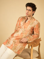 Rust Floral Print Jacquard Kurta for Men with Gold Lace Collar