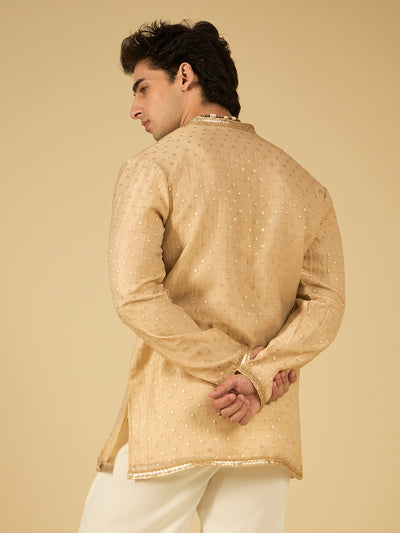 Ivory Butti Work Kurta for Men with Gold Lace Neckline