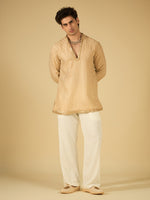 Ivory Butti Work Kurta for Men with Gold Lace Neckline