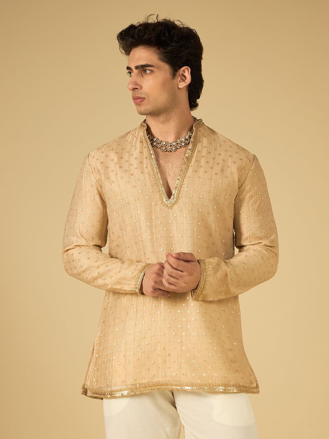 Ivory Butti Work Kurta for Men with Gold Lace Neckline