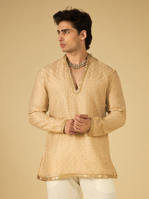 Ivory Butti Work Kurta for Men with Gold Lace Neckline
