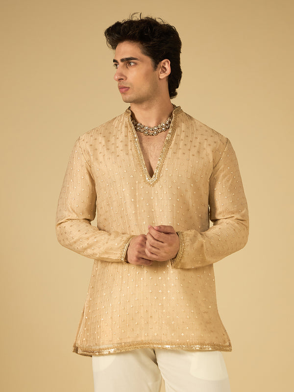 Ivory Butti Work Kurta for Men with Gold Lace Neckline