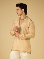 Ivory Butti Work Kurta for Men with Gold Lace Neckline