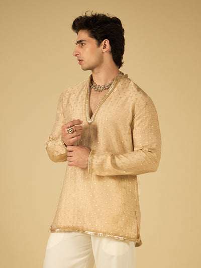 Ivory Butti Work Kurta for Men with Gold Lace Neckline