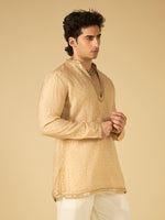 Ivory Butti Work Kurta for Men with Gold Lace Neckline