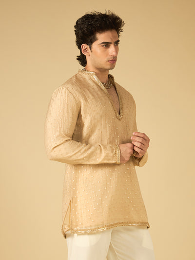 Ivory Butti Work Kurta for Men with Gold Lace Neckline