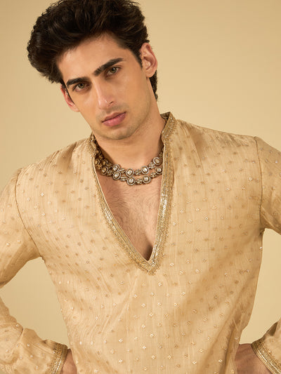 Ivory Butti Work Kurta for Men with Gold Lace Neckline