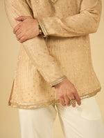 Ivory Butti Work Kurta for Men with Gold Lace Neckline