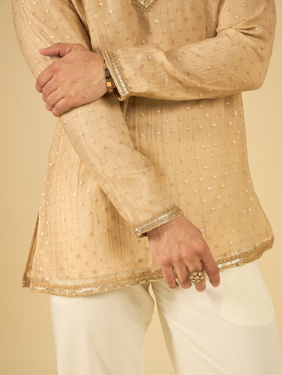 Ivory Butti Work Kurta for Men with Gold Lace Neckline