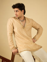 Ivory Butti Work Kurta for Men with Gold Lace Neckline