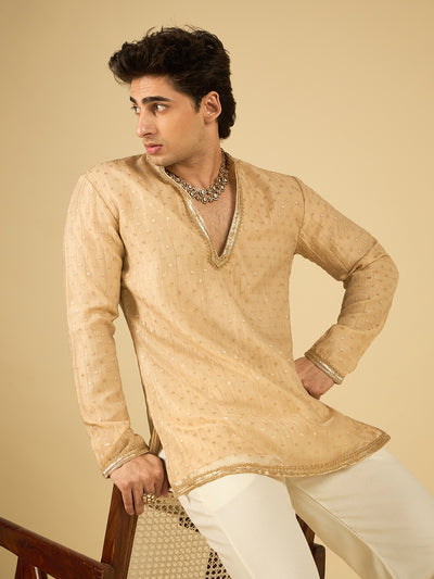 Ivory Butti Work Kurta for Men with Gold Lace Neckline