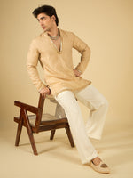 Ivory Butti Work Kurta for Men with Gold Lace Neckline