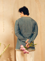 Powder Blue Butti Work Kurta for Men with Gold Lace Neckline