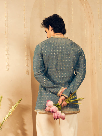 Powder Blue Butti Work Kurta for Men with Gold Lace Neckline