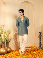 Powder Blue Butti Work Kurta for Men with Gold Lace Neckline