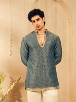 Powder Blue Butti Work Kurta for Men with Gold Lace Neckline