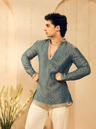 Powder Blue Butti Work Kurta for Men with Gold Lace Neckline