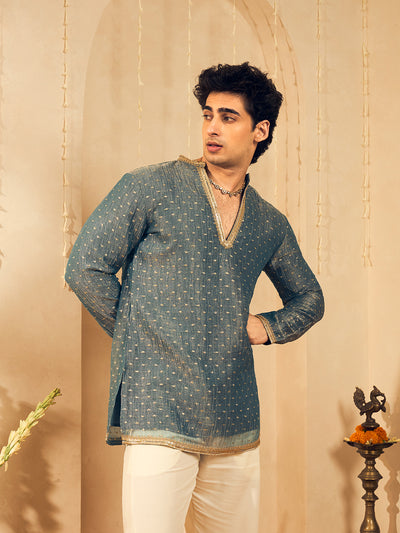 Powder Blue Butti Work Kurta for Men with Gold Lace Neckline
