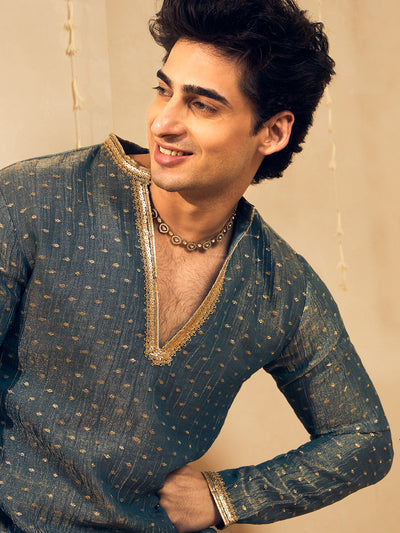 Powder Blue Butti Work Kurta for Men with Gold Lace Neckline