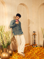 Powder Blue Butti Work Kurta for Men with Gold Lace Neckline