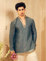 Powder Blue Butti Work Kurta for Men with Gold Lace Neckline