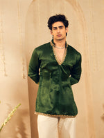 Olive Green Velvet Kurta for Men with Gold Lace Work