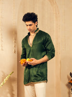 Olive Green Velvet Kurta for Men with Gold Lace Work