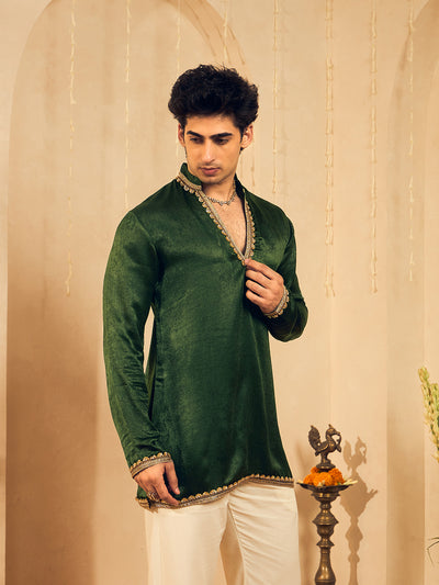 Olive Green Velvet Kurta for Men with Gold Lace Work
