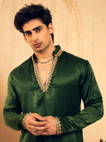 Olive Green Velvet Kurta for Men with Gold Lace Work
