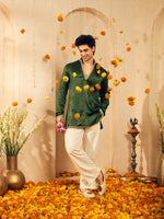 Olive Green Velvet Kurta for Men with Gold Lace Work
