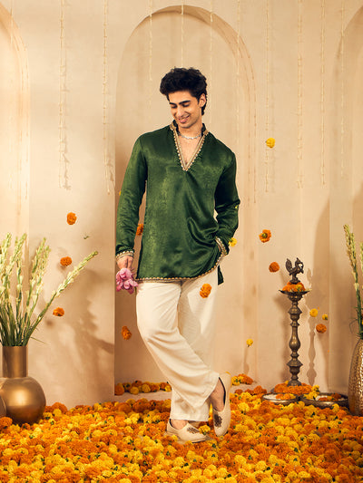 Olive Green Velvet Kurta for Men with Gold Lace Work