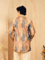 Dusty Blue Floral Print Jacquard Kurta for Men with Gold Lace Collar