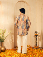 Dusty Blue Floral Print Jacquard Kurta for Men with Gold Lace Collar
