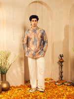 Dusty Blue Floral Print Jacquard Kurta for Men with Gold Lace Collar