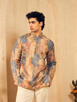 Dusty Blue Floral Print Jacquard Kurta for Men with Gold Lace Collar