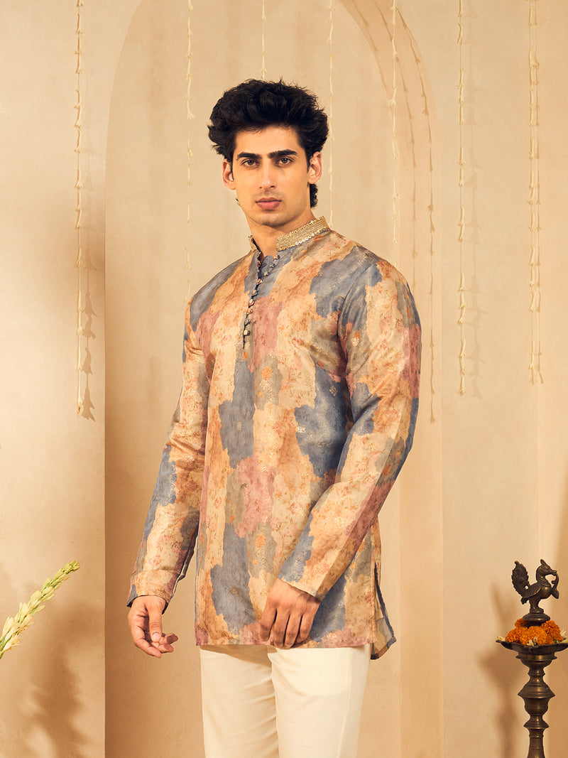 Dusty Blue Floral Print Jacquard Kurta for Men with Gold Lace Collar
