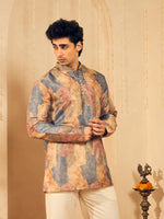 Dusty Blue Floral Print Jacquard Kurta for Men with Gold Lace Collar