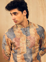 Dusty Blue Floral Print Jacquard Kurta for Men with Gold Lace Collar