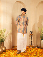 Dusty Blue Floral Print Jacquard Kurta for Men with Gold Lace Collar