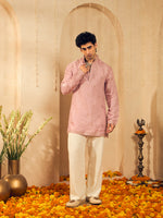 Powder Pink Embroidered Kurta for Men with Rose Gold Thread Work
