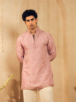 Powder Pink Embroidered Kurta for Men with Rose Gold Thread Work