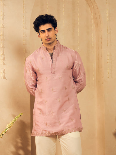 Powder Pink Embroidered Kurta for Men with Rose Gold Thread Work