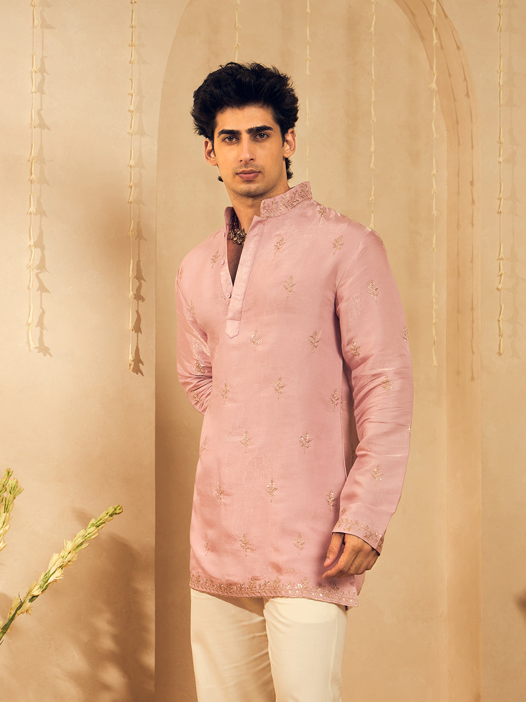 Powder Pink Embroidered Kurta for Men with Rose Gold Thread Work