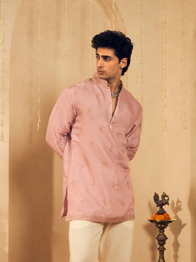 Powder Pink Embroidered Kurta for Men with Rose Gold Thread Work