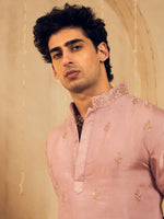 Powder Pink Embroidered Kurta for Men with Rose Gold Thread Work