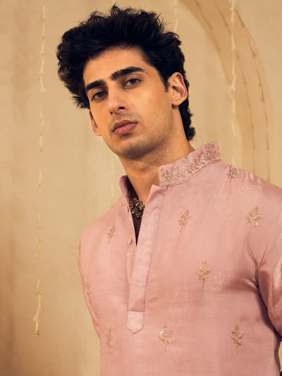Powder Pink Embroidered Kurta for Men with Rose Gold Thread Work