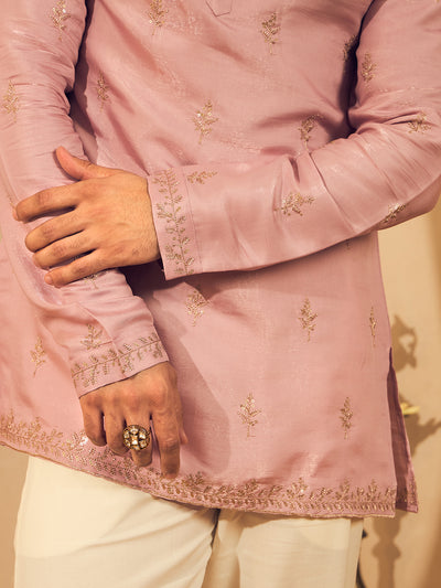 Powder Pink Embroidered Kurta for Men with Rose Gold Thread Work